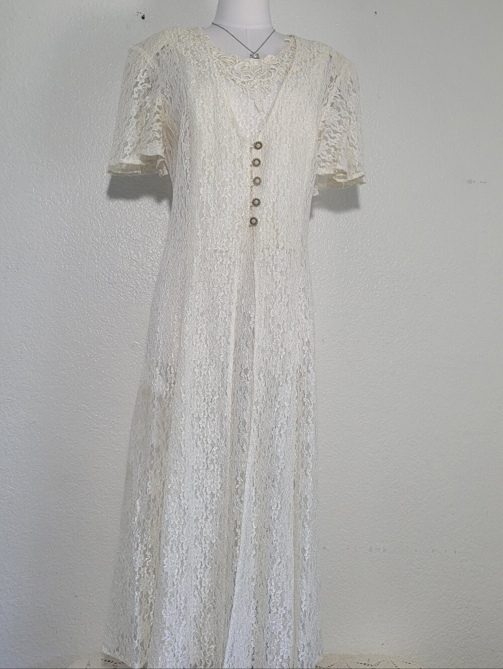 Vintage 90s Dawn Joy 2 Yvory Lace Button-Front Back Tie Maxi Dress No Size Tag